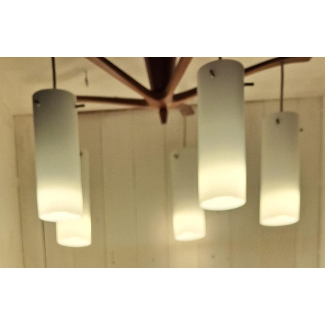 1960s Vintage Mid-Century Danish Five-Light Ceiling Cascade Lamp with Teak Frame and White Satin Glass Shades, 1960s For Sale - Image 5 of 12