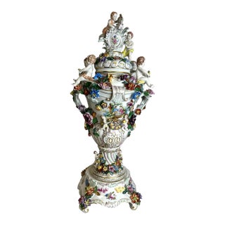 1900's Colossal Lidded Dresden Germany Porcelain Urn Vase on Stand For Sale