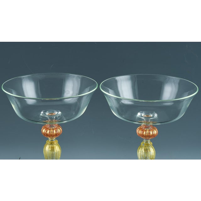 Vintage Murano Glass Champagne Coupes, Peach and Gold-Leaf Ribbed Stems, Set of Ten For Sale In Philadelphia - Image 6 of 8