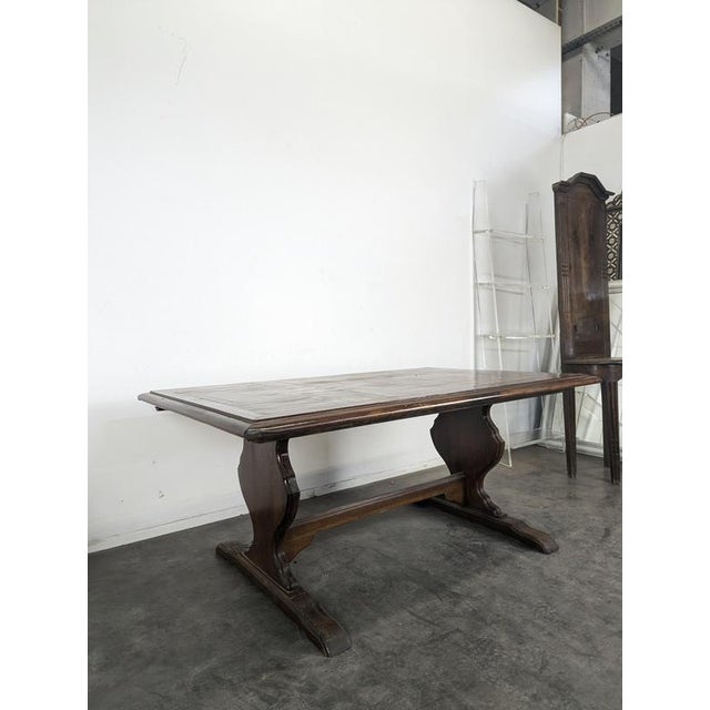 Rustic Oak Farmhouse Table with Paneled Top and Lyre-Shaped Legs, 1940s For Sale - Image 3 of 10