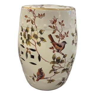 Chinoiserie Ceramic Garden Stool With Birds & Camellias For Sale