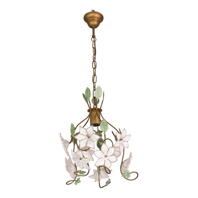 Vintage Murano Style Chandelier White Flowers, 1980 For Sale