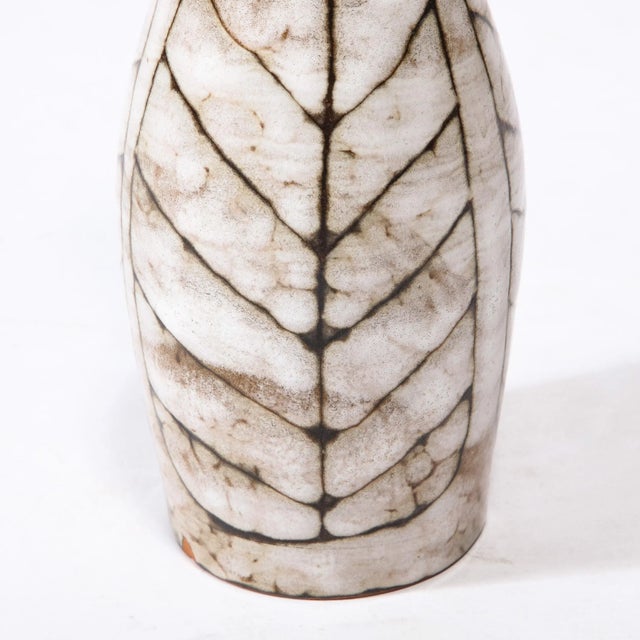 Mid-Century Modernist White and Earth Toned Tapered Ceramic Vase With Leaf Motif For Sale - Image 12 of 13