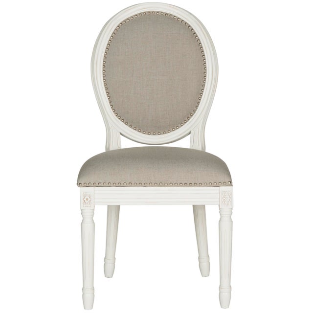 Modern French Brasserie Linen Oval 19''H Side Chair With Silver Nailheads in Light Grey & Cream - a Pair For Sale - Image 3 of 7