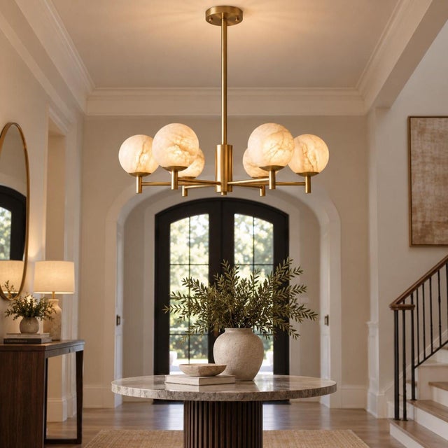 Alabaster Handcrafted Brass 6-Light Chandelier With Natural Alabaster Globe Shades, Dining Room & Kitchen Island Lighting For Sale - Image 8 of 10