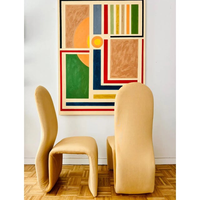 Jan Ekselius Attributed 1970's Pair of Side Chairs Newly Upholstered in Amber Color Cotton Linen For Sale - Image 4 of 8