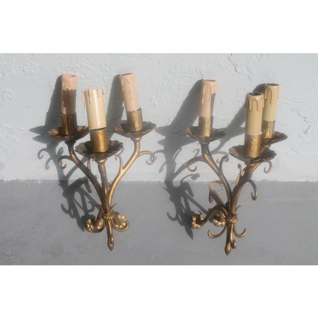 1930s Traditional Gilt Steel Maison Bagues Style 3 Light Sconces - a Pair For Sale - Image 10 of 10