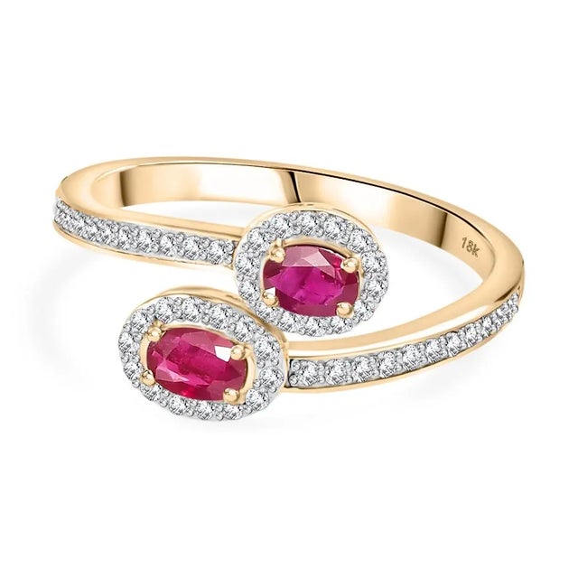 Metal Ruby Diamond Bypass Ring 18k Yellow Gold Size 5 For Sale - Image 7 of 12