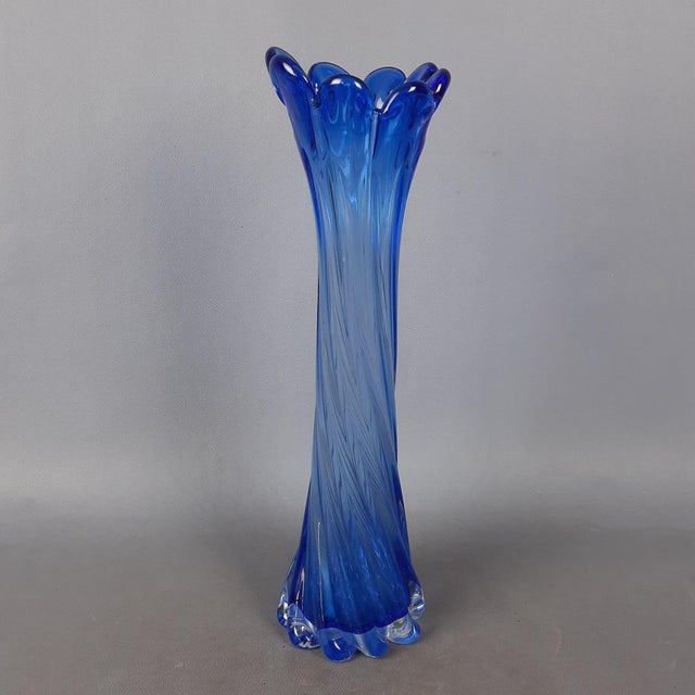 Modern Cobalt Blue and Transparent Spiral Murano Glass Vase, 1980s For Sale - Image 16 of 16