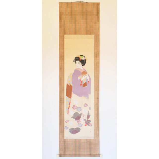 Japanese silk scroll painting of a Beautiful Woman wearing traditional Japanese kimono, by Gyokukajo. Signed by the...