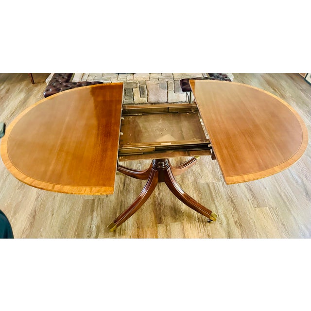 Vintage Banded Mahogany Double Pedestal Oval Dining Table With Extension Leaf For Sale - Image 10 of 12