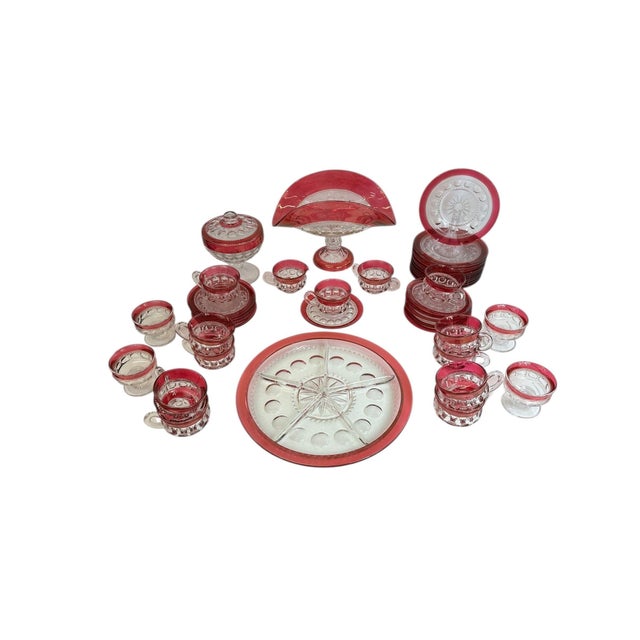 Vintage Tiffin Kings Crown Thumbprint Cranberry Glass Tea & Dessert Set for 10 with Serving Pieces – 44 Pieces This...
