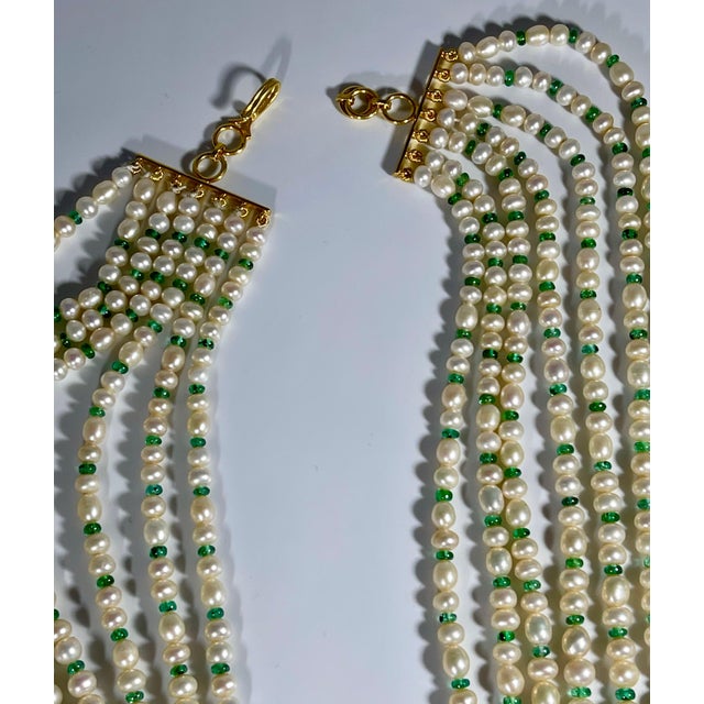 7Layer Fresh Water Pearl , Emerald Bead + 14K Spacer Clasp Opera Length Necklace For Sale - Image 18 of 18