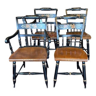 1990s Set of 4 L. Hitchcock Stenciled Back Wood Dining Chairs For Sale