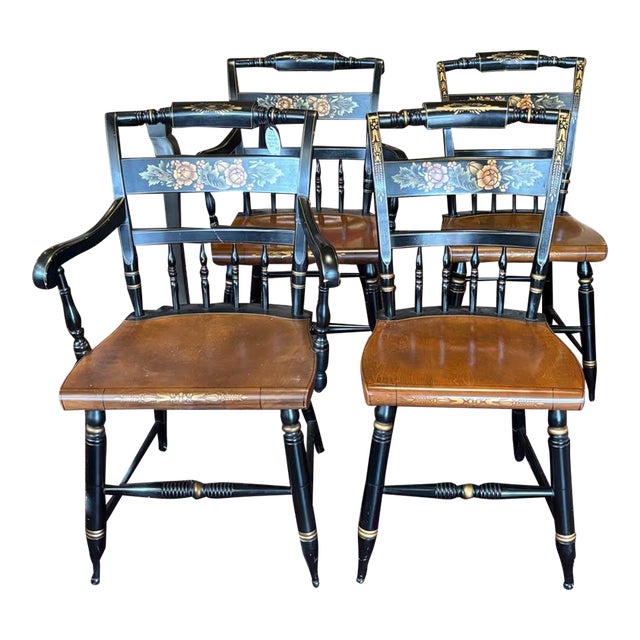 1990s Set of 4 L. Hitchcock Stenciled Back Wood Dining Chairs For Sale