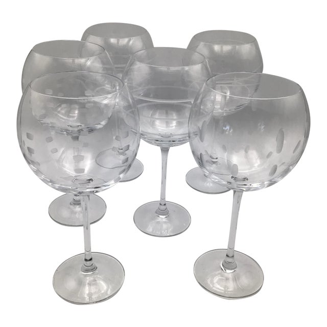 Etched Crystal Balloon Wine Glasses Set of - 6 For Sale