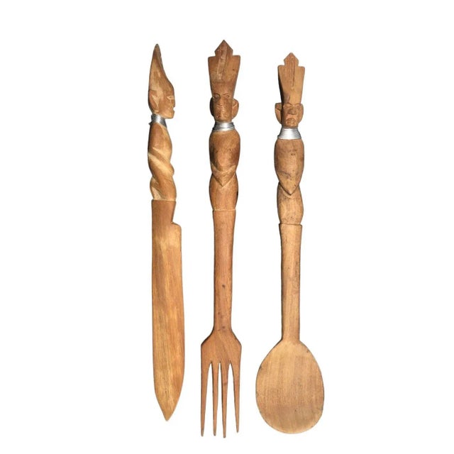 Mid Century Tribal Hand Carved Wooden Serving Utensils- Set of 3 For Sale - Image 10 of 12