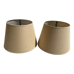Restoration Hardware English Barrel Tan Lamp Shades W/ Antique Brass Finials-A Pair