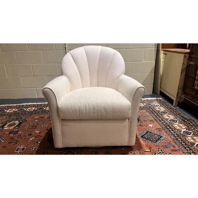 A postmodern 1990s custom upholstered barrel swivel chair - This barrel chair is wrapped in a vintage white fabric with a...
