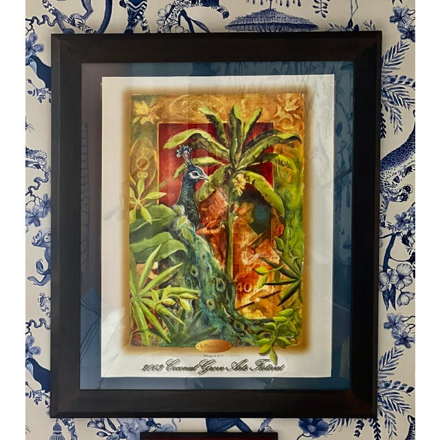This beautiful 2003 Coconut Grove Arts Festival Poster with Peacocks & Palms is Framed in a dark chocolate brown frame...