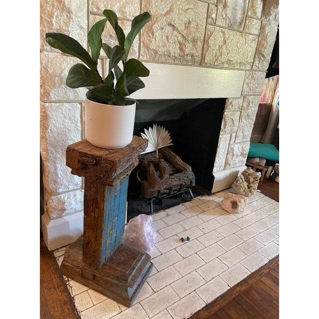 Hand-carved architectural shabby bohemian wooden plant stand, pedestal or side table for books etc. Heavy and durable.