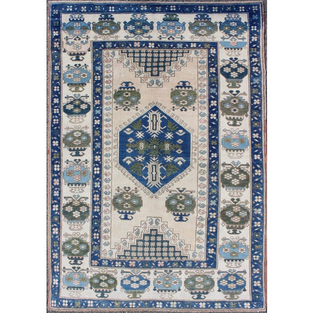 Blue Blue and Green Geometric Oushak Vintage Rug With Medallion For Sale - Image 8 of 8