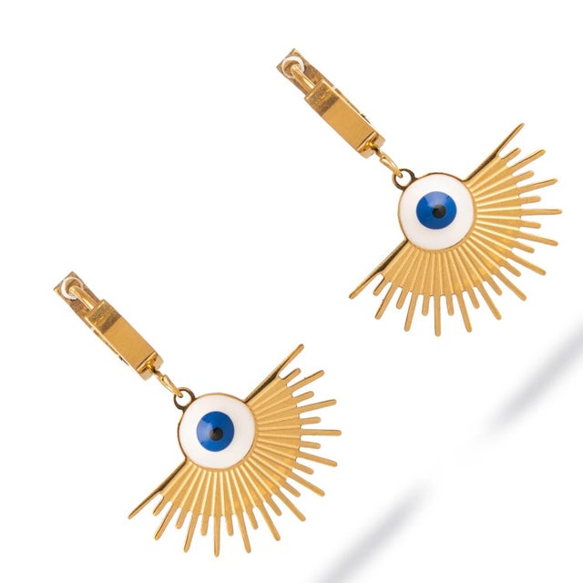 Modern Radiant Evil Eye Gold Earrings, A Pair For Sale - Image 3 of 8