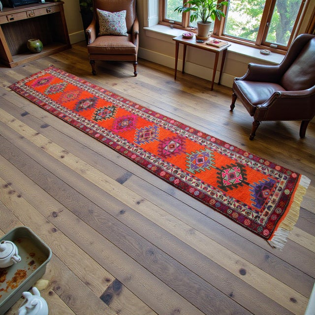 1970s Shimmery Turkish Runner Rug. Hand-Knotted Tribal Extra Long Halway Rug Kitchen Decor - 2′9 × 13′8″ For Sale - Image 5 of 16