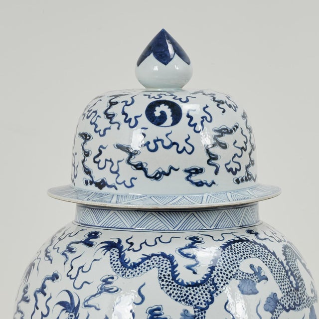 Chinese Pair of Chinese Blue and White Porcelain Dragon Palace Urns For Sale - Image 3 of 13