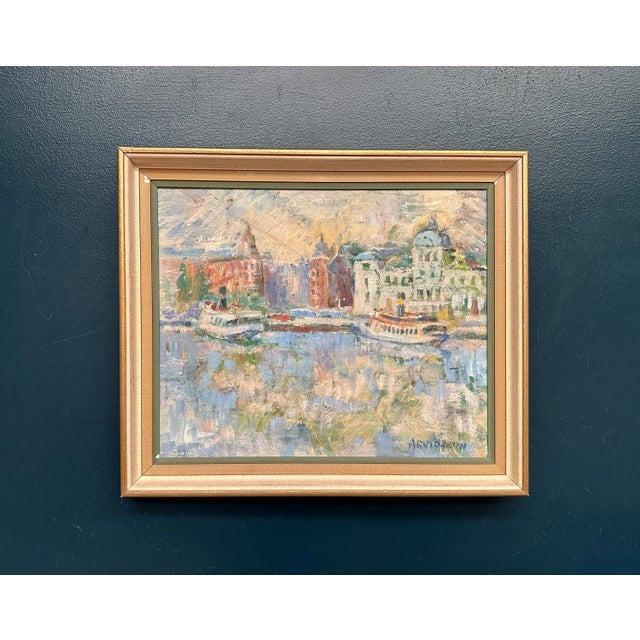 Arvidsson, Waterfront Cityscape, 1950s, Oil Painting on Panel, Framed For Sale - Image 10 of 15