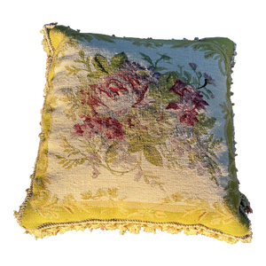 French Aubusson Floral Needlepoint Down Pillow With Tassel Fringe