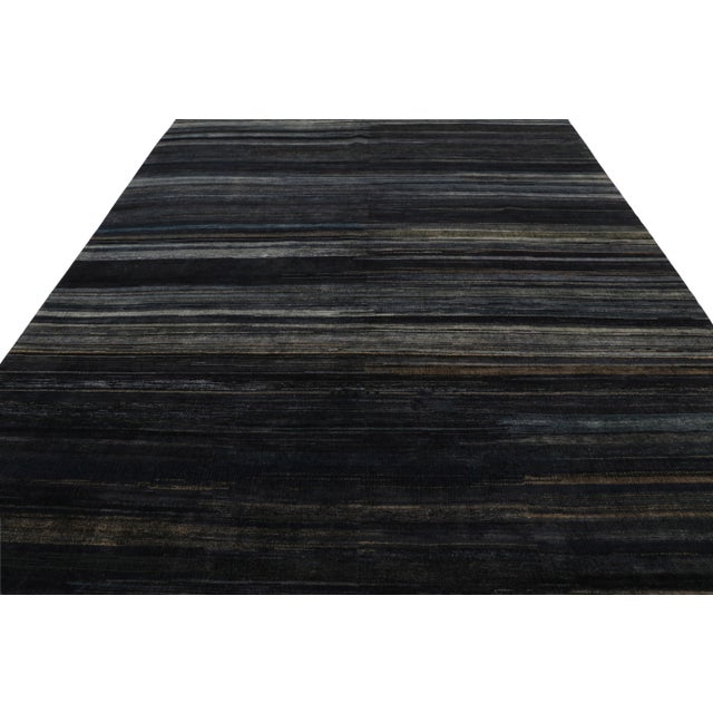 Rug & Kilim’s Modern Textural Rug in Grisaille Blue and Black Stripes and Striae For Sale In New York - Image 6 of 8