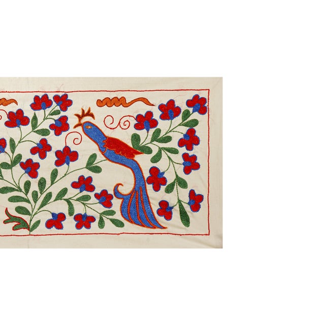 Floral Suzani Embroidery - Handmade Bird Table Runner and Wall Art 1'5'' X 3'1'' For Sale - Image 4 of 10