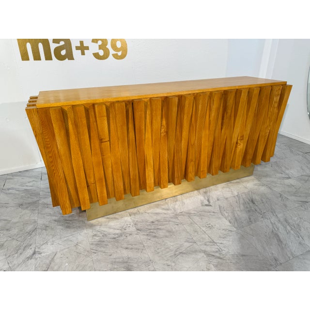 Modern Geometric Wood Credenza With Brass Base, Italy 1980s For Sale - Image 3 of 10