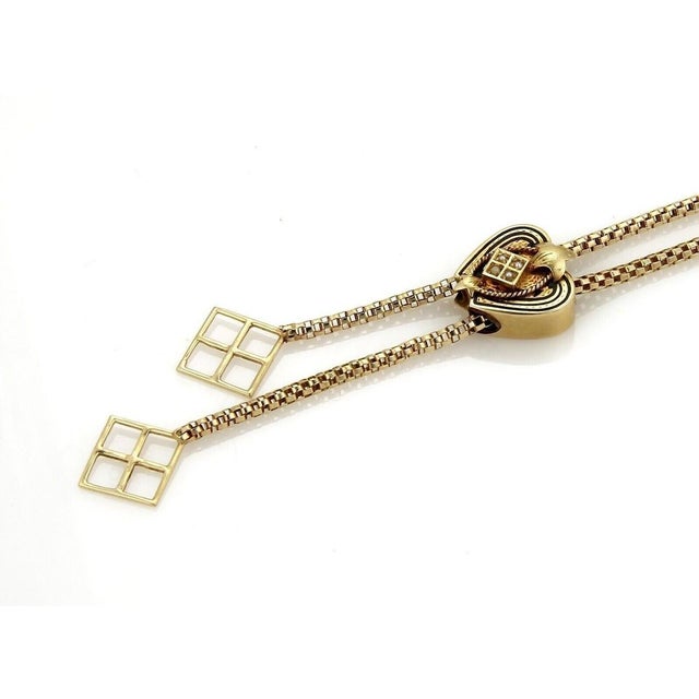 Contemporary Mid 20th Century Heart Slide 14k Gold Pendant Tube Filigree Chain Tassel Necklace For Sale - Image 3 of 5