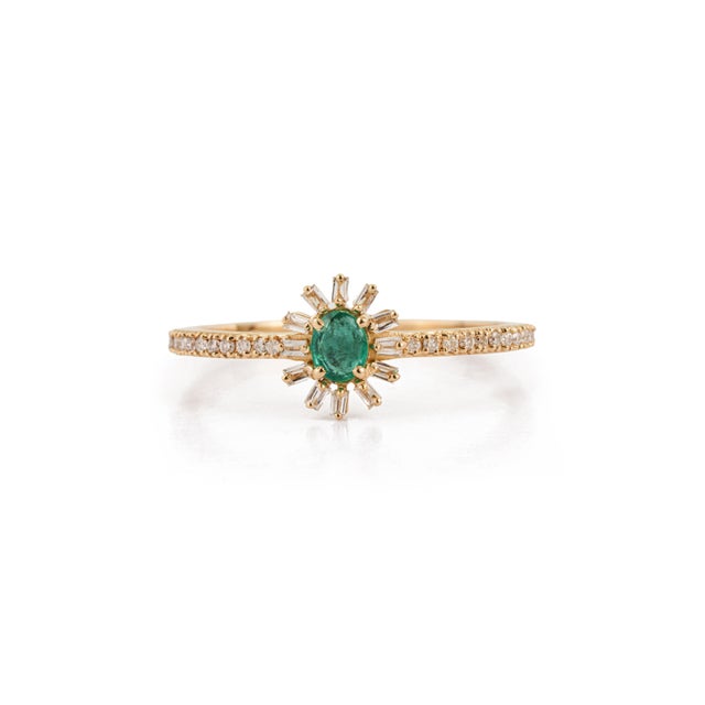 VR Jewels Art Deco Sunburst Emerald & Baguette Diamond Promise Ring Size 5 in 14k Yellow Gold For Sale - Image 4 of 17