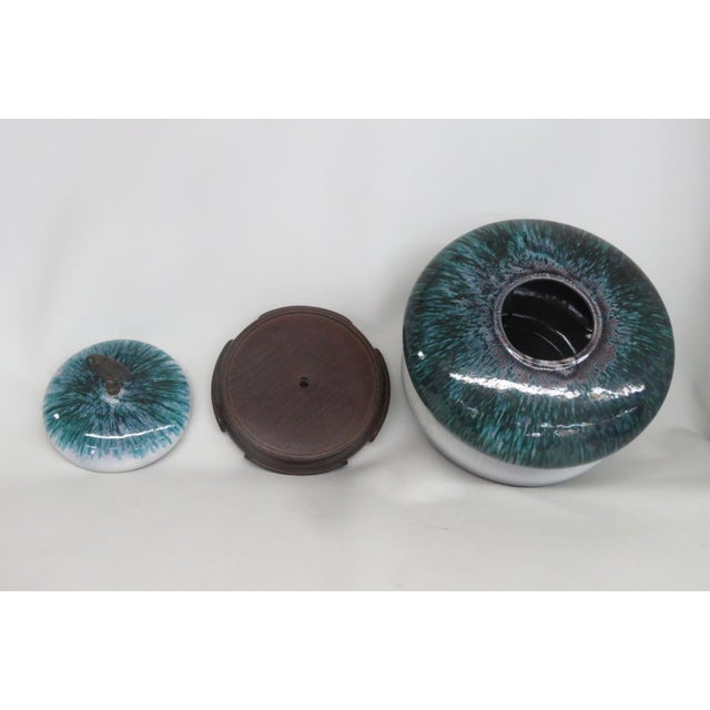 Tony Evans Tony Evans Raku Pottery Lidded Jar Drip Glaze Finish With Wood Display 4840b For Sale - Image 4 of 18