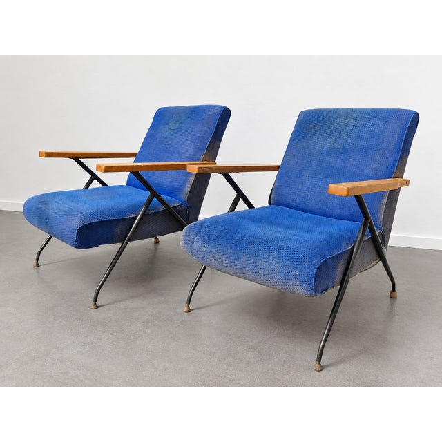 1950s Mid-Century Modern Blue Fabric Armchairs. 1950s, Set of 2 For Sale - Image 5 of 7