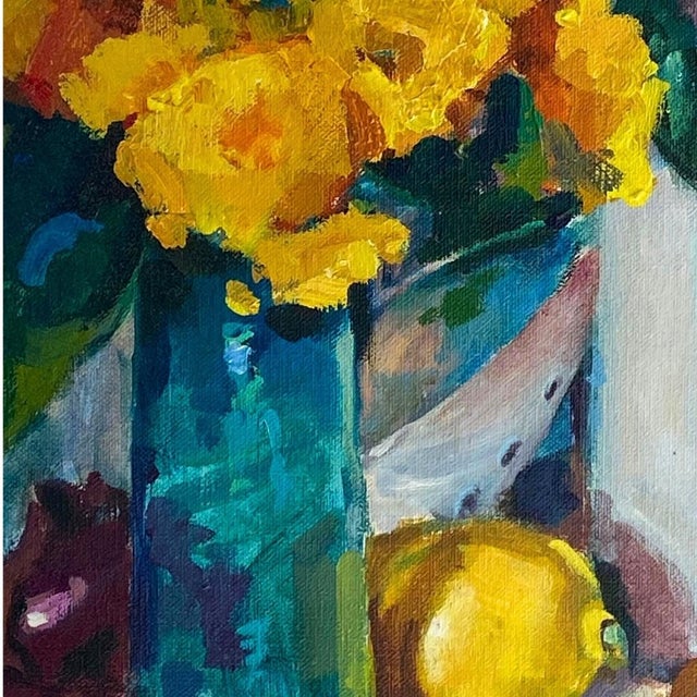 Mid 20th Century Mid Century Original Oil Painting With Flowers, Fruit, Copper Pot. Bright and Large Canvas. For Sale - Image 5 of 10