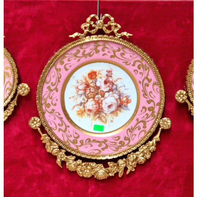 Baroque Set of 3 Baroque Ceramic Pink Wall Art Pieces With Ornate Gold Frames & Floral Artwork For Sale - Image 3 of 4