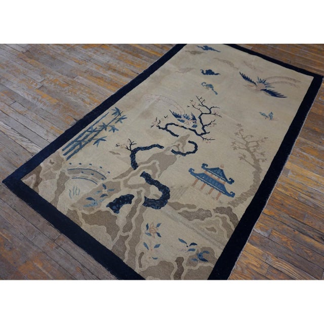 1930s Antique Ivory Scene Pictorial Birds Wool Chinese Peking Knotted Small Rug For Sale In New York - Image 6 of 9