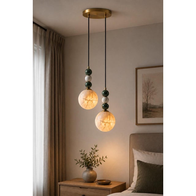Handcrafted Brass 2-Light Pendant With Natural Alabaster Globe Shades, Dining & Kitchen Island Light For Sale - Image 4 of 7