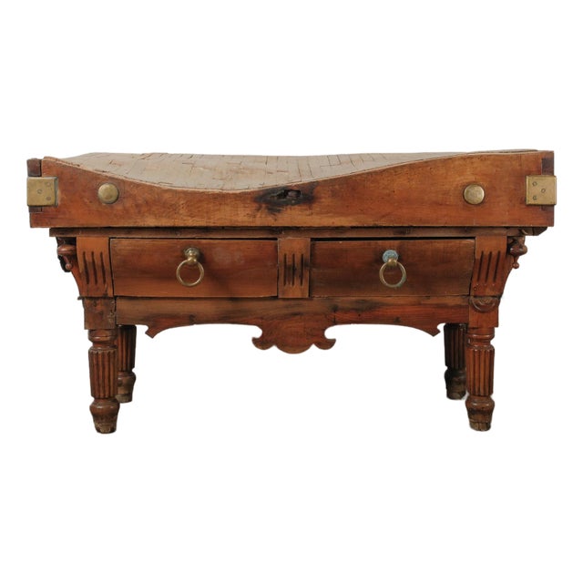 19th Century French Butcher’s Block Table With Drawers and Brass Mounts For Sale