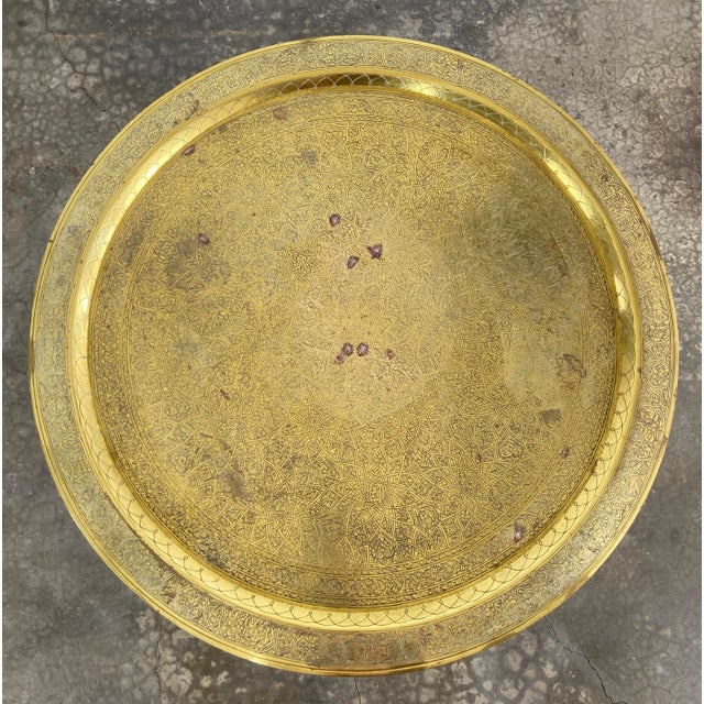 Vintage Moroccan Style Carved Wood Brass Tray Top Collapsible Side Table For Sale In Kansas City - Image 6 of 11