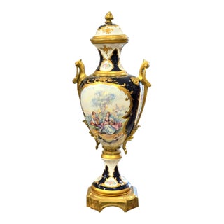 French Louis XVI Porcelain Vase With Romantic Artwork, Hand-Finished Gold Leaf & Bronze Base For Sale