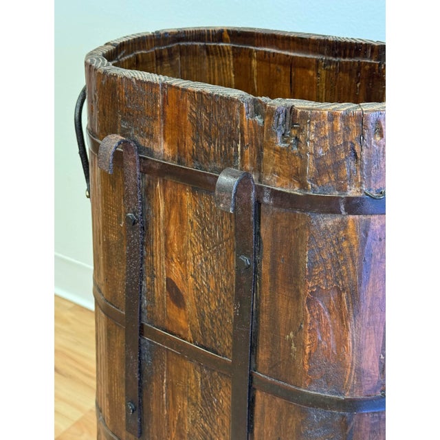 Antique Large Wood Bucket Umbrella Stand With Metal Fittings For Sale - Image 10 of 10