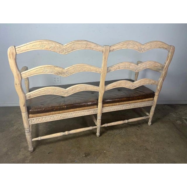 French Provincial Style Bench W/ Rush Seat & Leather Cushion For Sale - Image 14 of 16