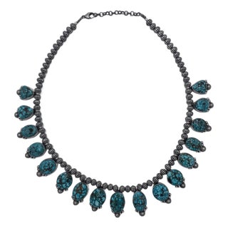 17-Stone Kingman Waterweb Turquoise Sterling Silver Necklace Authentic Native American Handmade For Sale