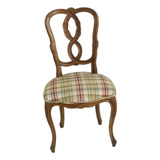 Antique French Country Side Chair in Plaid Silk For Sale