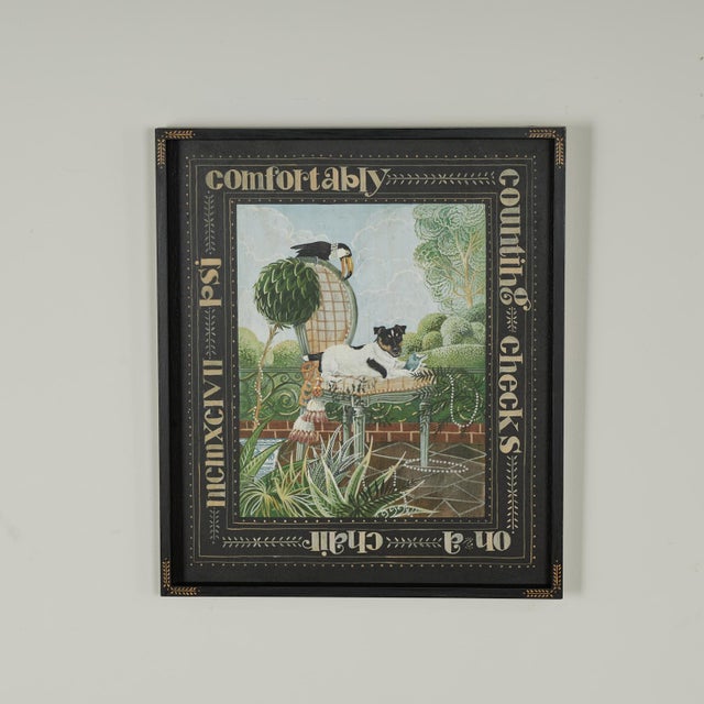 Pair of fanciful English acrylic paintings on wood of dogs in chairs in garden settings with a toucan, a monkey and fruit...